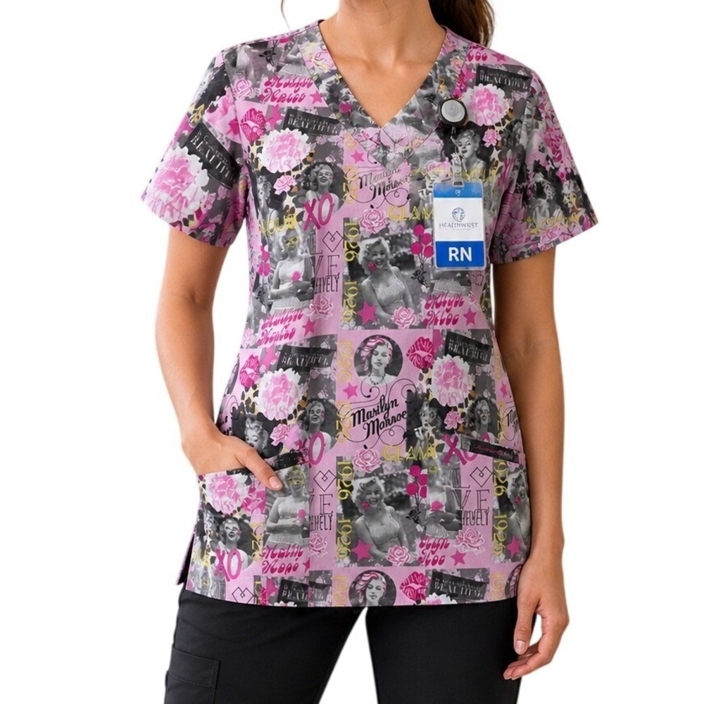 Marilyn Monroe Scrub Top‎ Women Size M Pink Iconic Collage Print